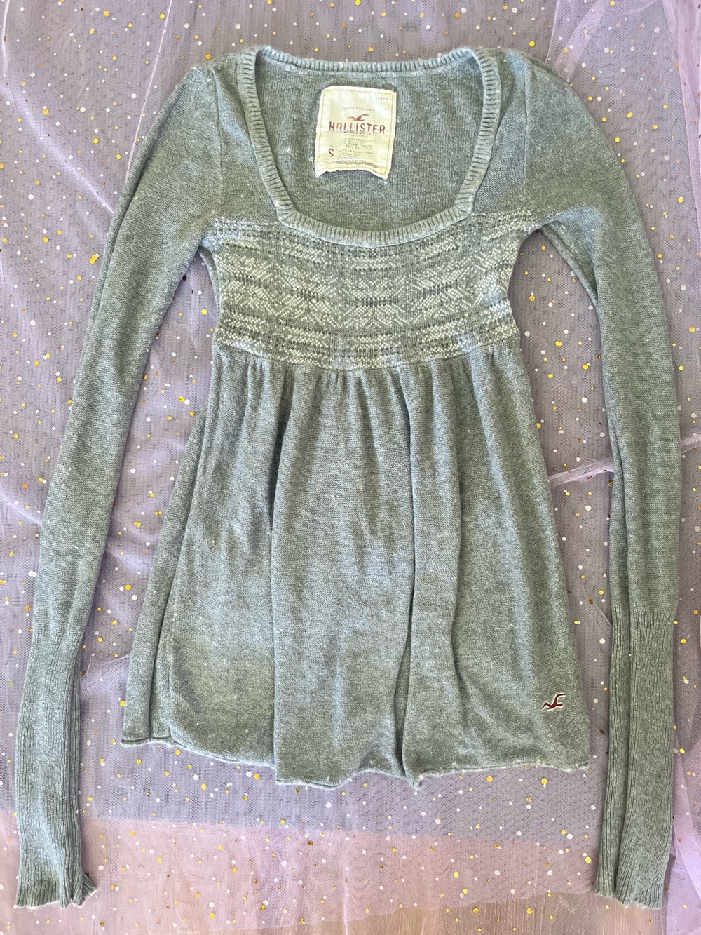 Hollister Sage Green Scoop-Neck Long Sleeve Babydoll Sweater
